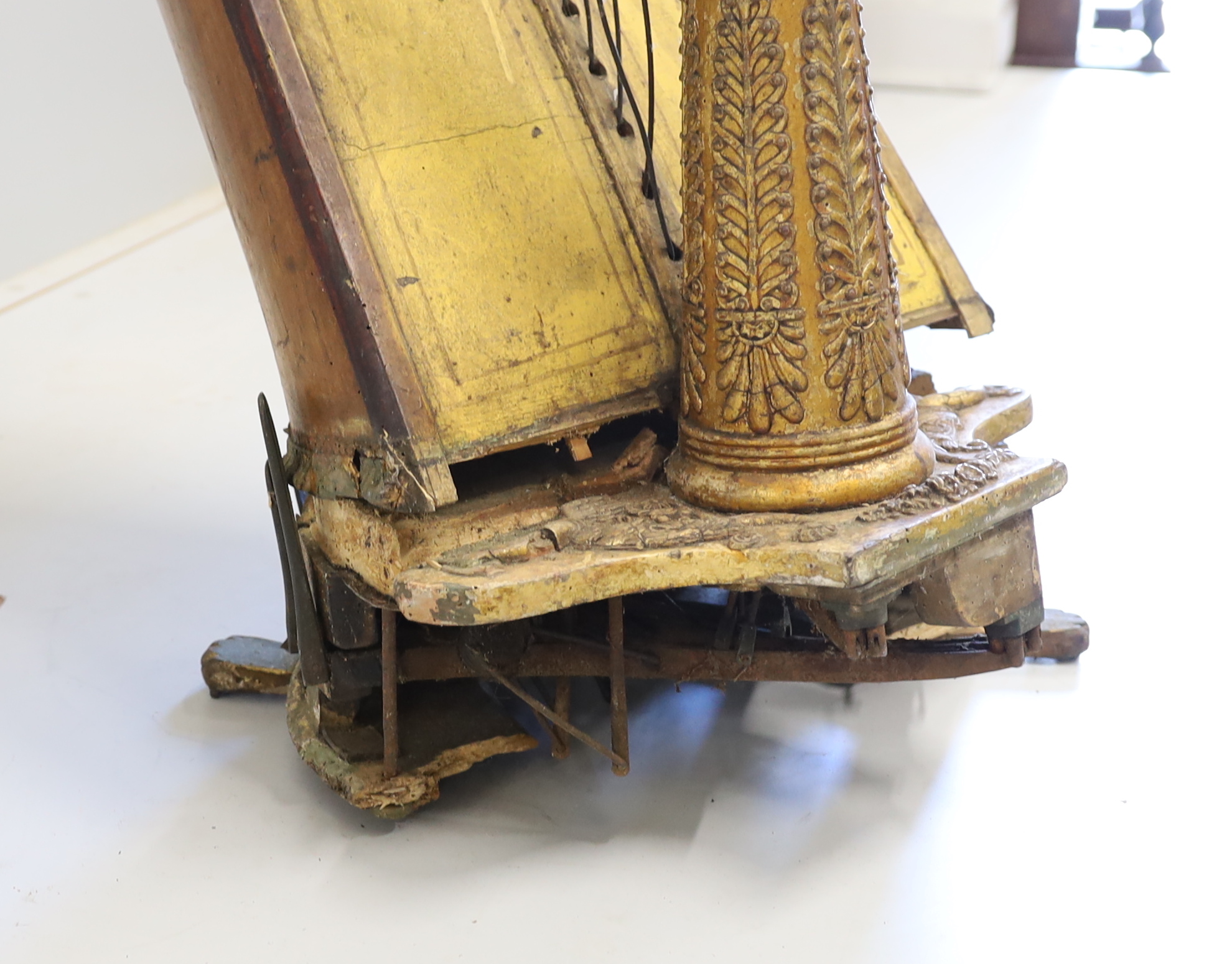 A 19th century Sebastian Erard Patent 3610 harp, in need of restoration, painted sound board, gilt fluted column and Classical capital, 170cm high